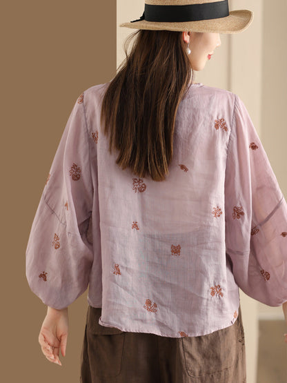 Women Summer Vintage Flower Embroidery Ramie Shirt AA1042