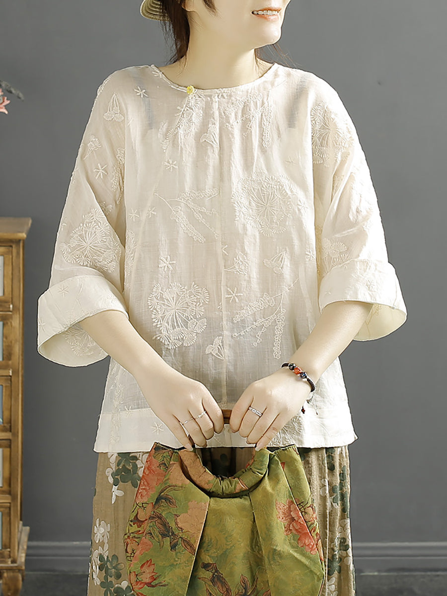 Women Vintage Embroidery Solid Ramie Shirt AA1012