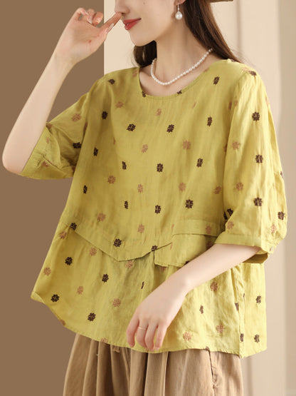 Women Summer Embroidery Spliced Ramie Loose Shirt XX1046