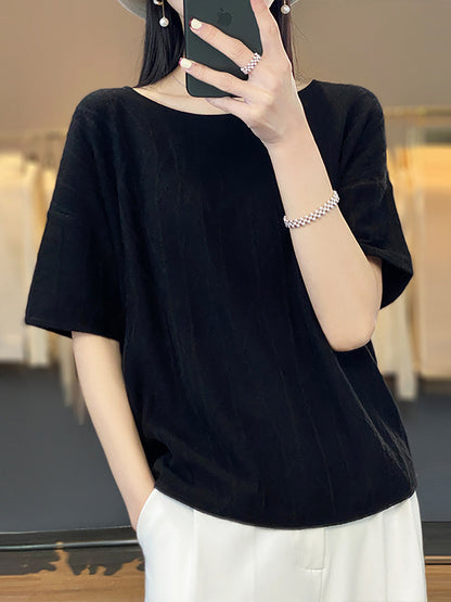 Women Summer Solid Jacquard Loose Half-Sleeve Shirt WE1033