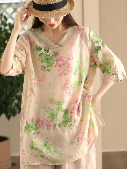 Women Summer Vintage Flower Buckle Ramie Long Shirt LL039