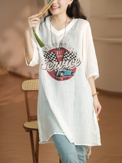 Women Summer Casual Print V-Neck Ramie Long Shirt LL022