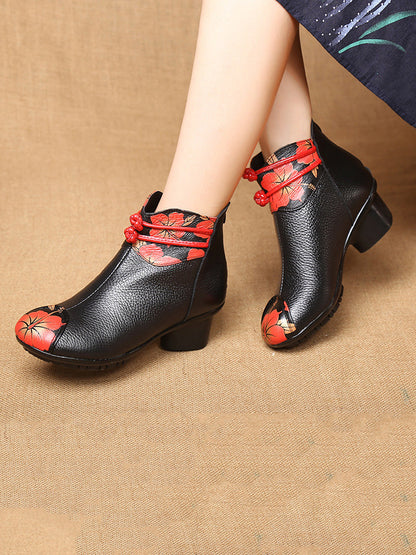 Women Retro Genuine Leather Flower Spliced Chunky Heel Boots AI1010