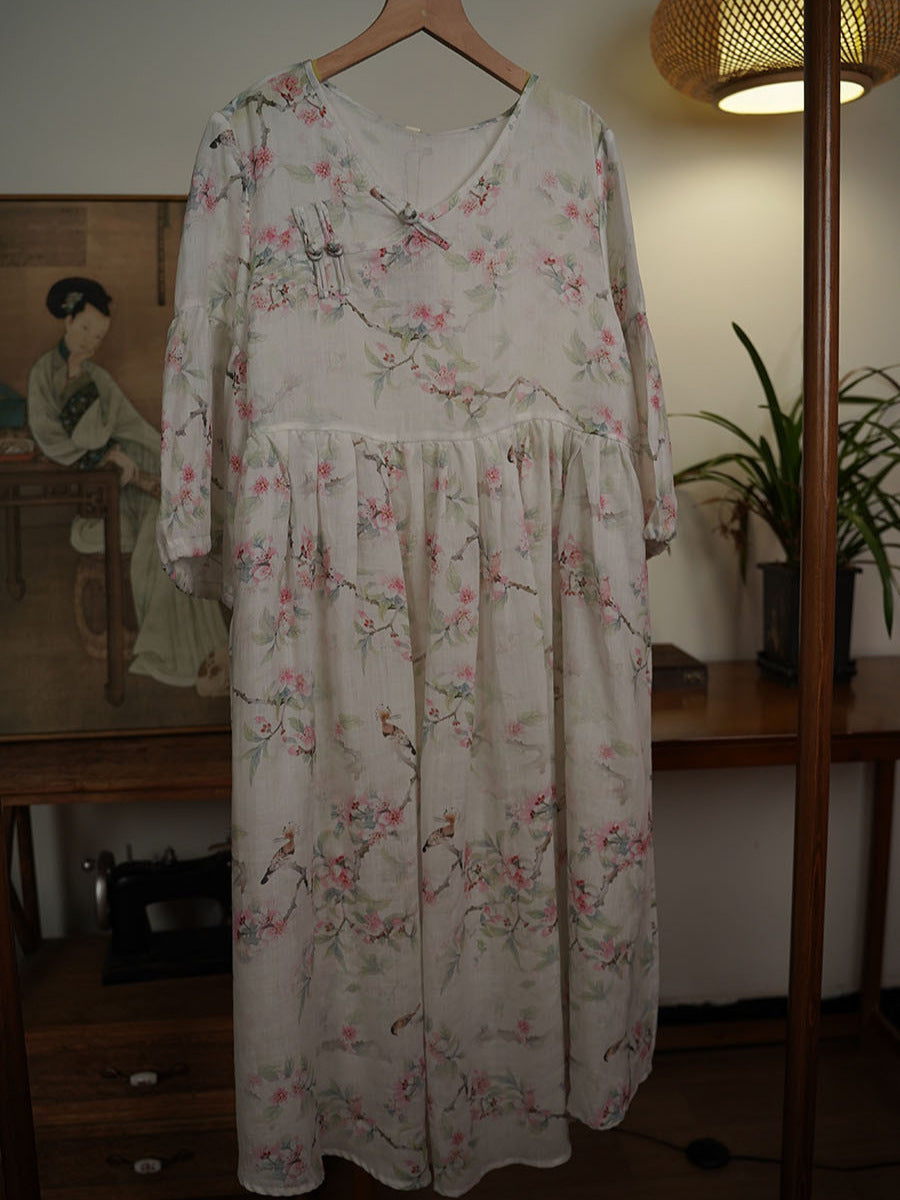 Robe d'été ethnique à fleurs et col en V pour femme en ramie avec boucle TY1007