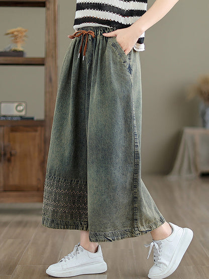 Women Summer Casual Embroidery Wide-leg Denim Pants CC010