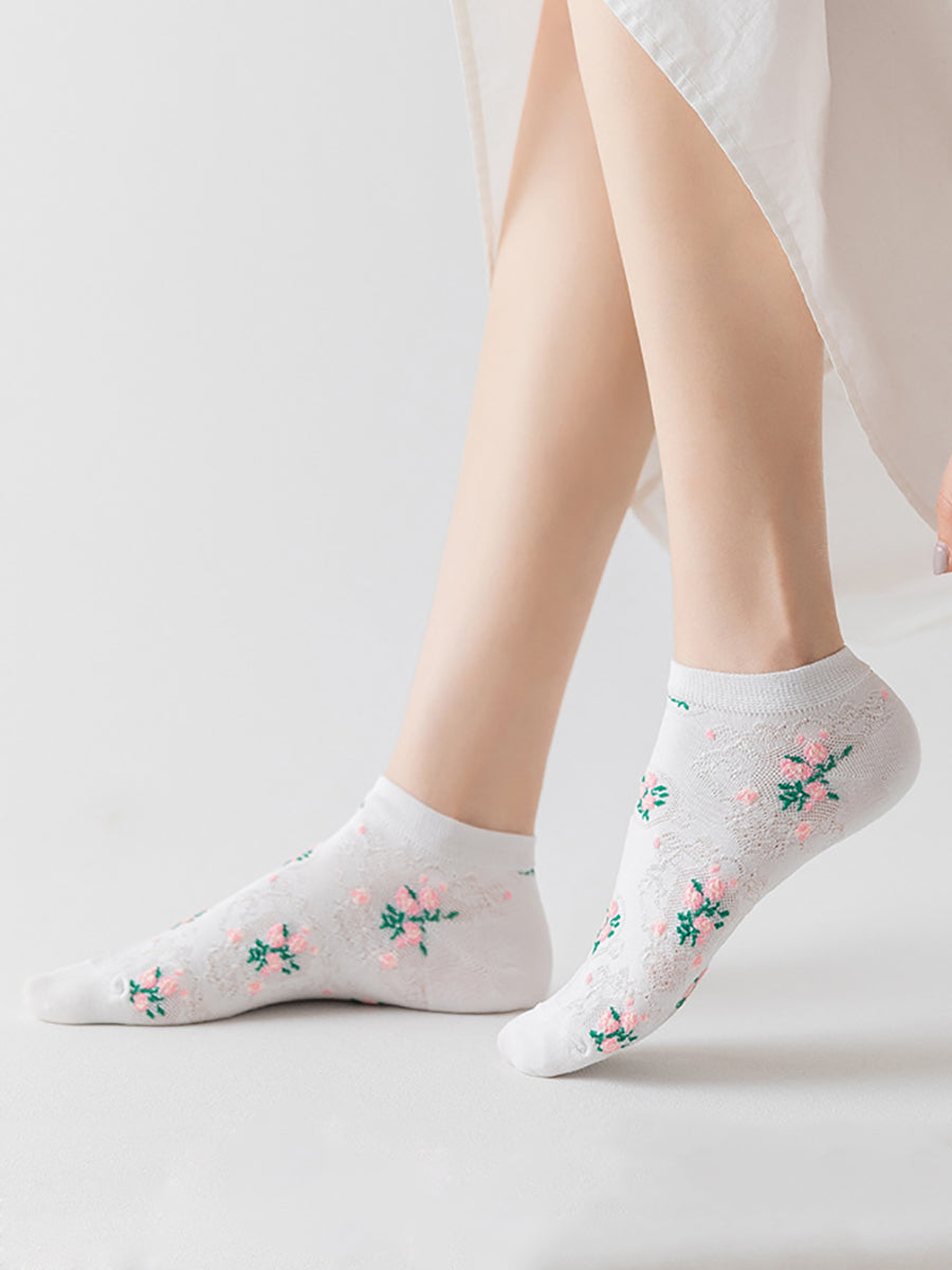 Lot de 4 paires de chaussettes d'été en jacquard à fleurs artistiques pour femmes AS1009