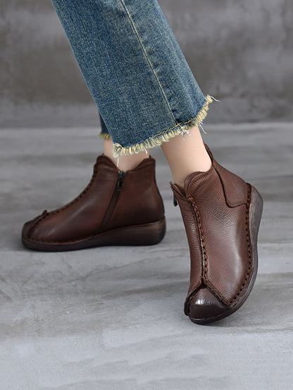 Women Vintage Genuine Leather Spliced Low Heel Boots AV1073