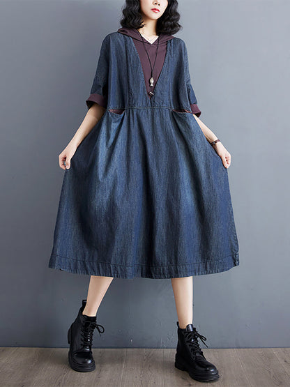 Women Summer Casual Spliced Denim Hooded Dress WE1034