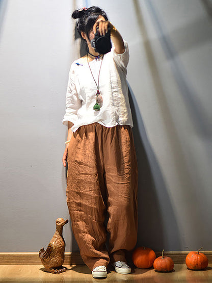 Women Vintage Spring Linen Solid Harem Pants FD040