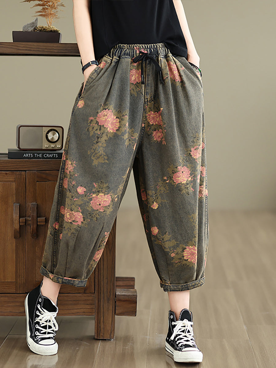 Pantalon ample en denim à fleurs rétro pour femme II1003