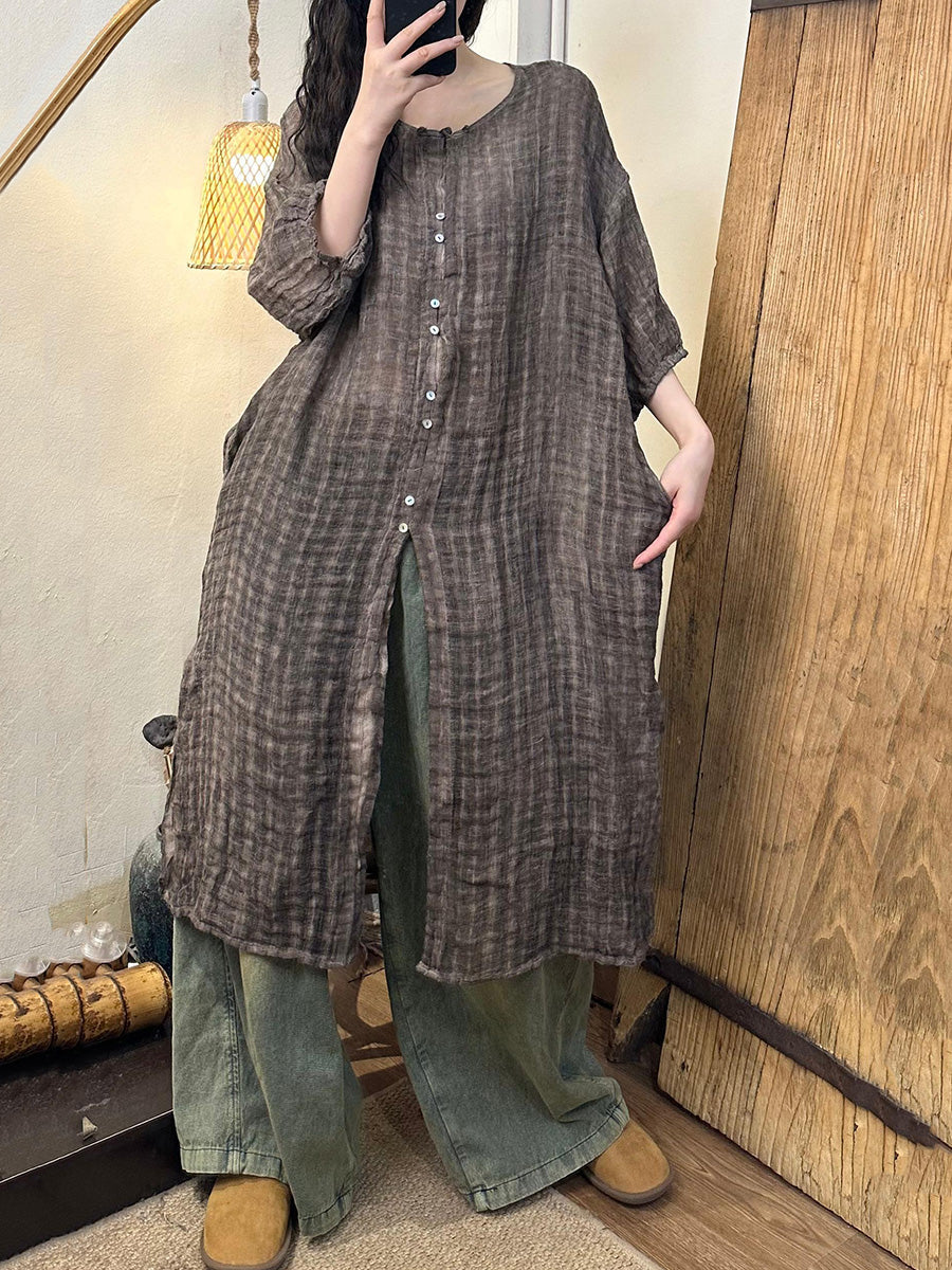 Women Retro Plaid Button-up O-Neck Linen Long Shirt CC028