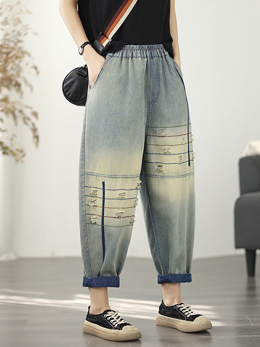 Hose Ausgefranste Retro Denim Haremshose Damen 
