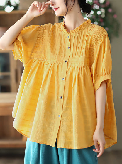 Women Artsy Shirred Stripe Cotton Agaric-Lace Shirt OP1006