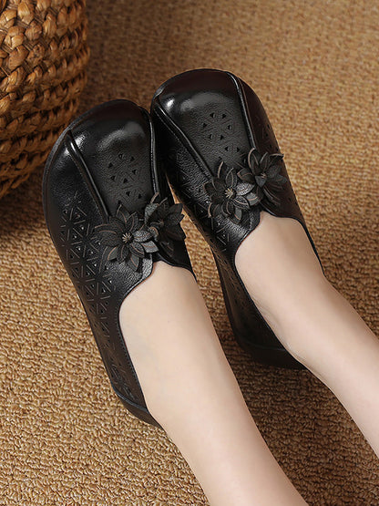 Women Vintage Leather Flower Cutout Flat Shoes PA1026