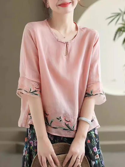 Women Summer Vintage Floral Embroidery Ramie Shirt AS1045