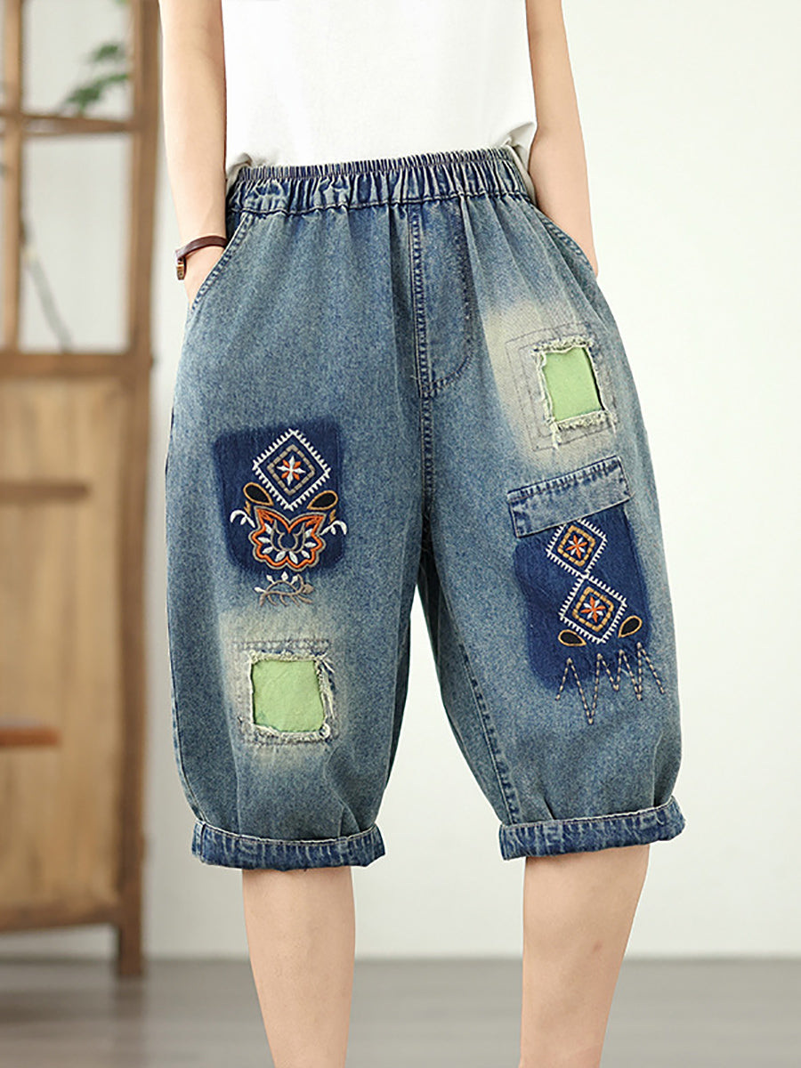 Denim Blume Retro Stickerei Fünfte Frauen Hosen Patchwork 