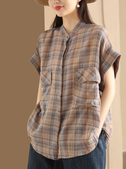 Women Summer Vintage Plaid Button-up Shirt PP1037