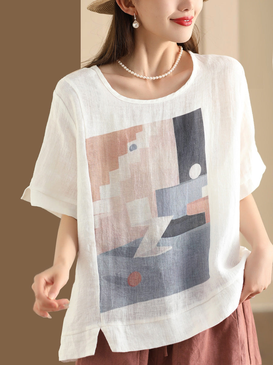 Women Casual  Summer Print O-Neck Linen Shirt WE1028