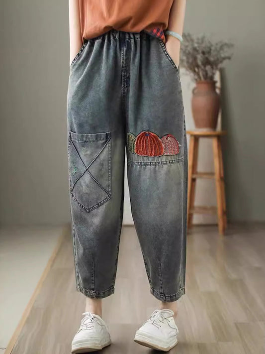 Damen Sommer Lässige Stickerei Denim Haremshose CV1047