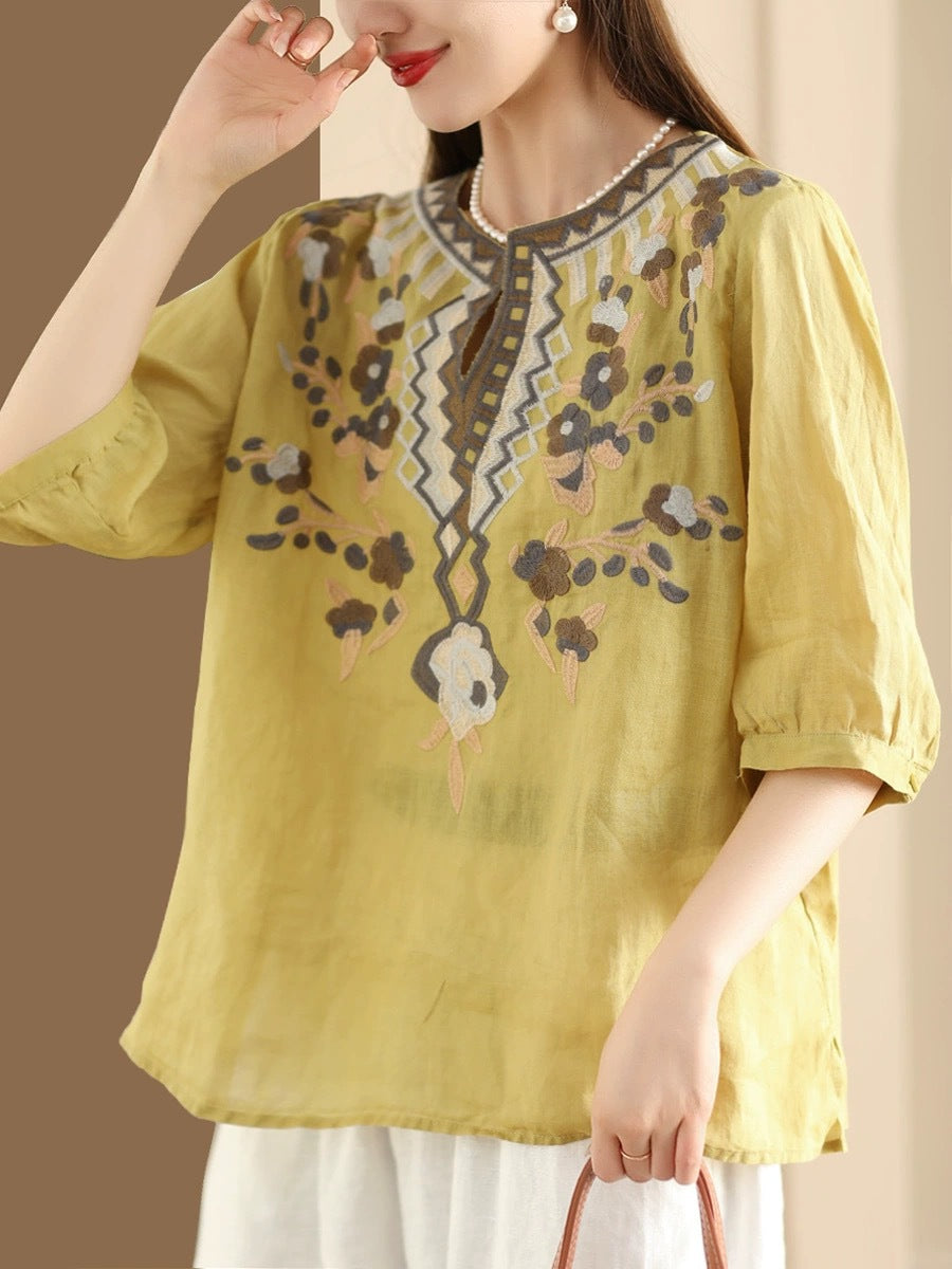 Women Summer Ethnic Flower Embroidery Ramie Shirt TY1006