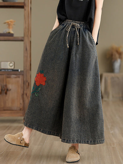 Women Summer Vintage Flower Denim Wide-leg Pants OP1010