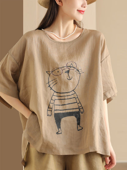 Women Summer Cartoon Cat Print Ramie Pullover Shirt OO1034