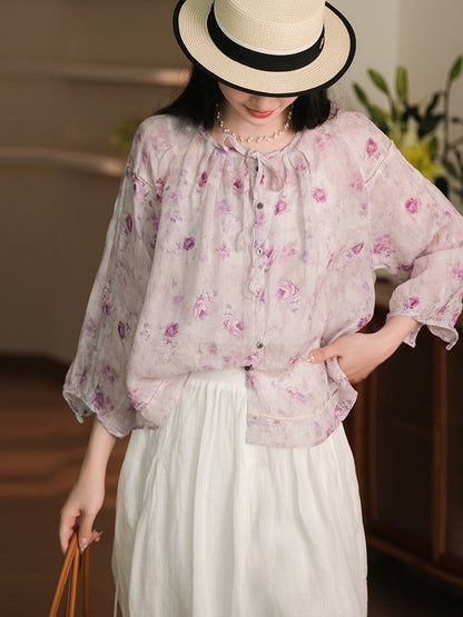 Women Summer Vintage Flower Button-Up Ramie Shirt RR1013