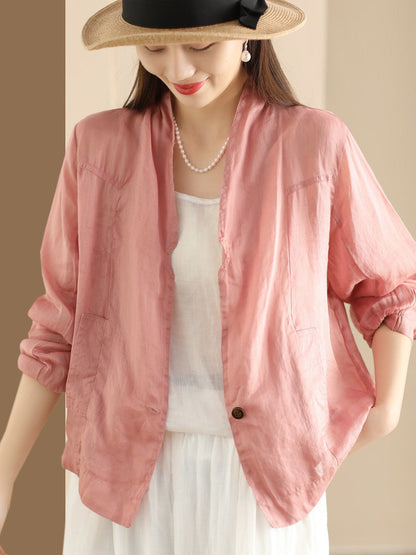 Women Vintage Solid Summer Ramie Thin Cardigan Shirt Coat SC1056