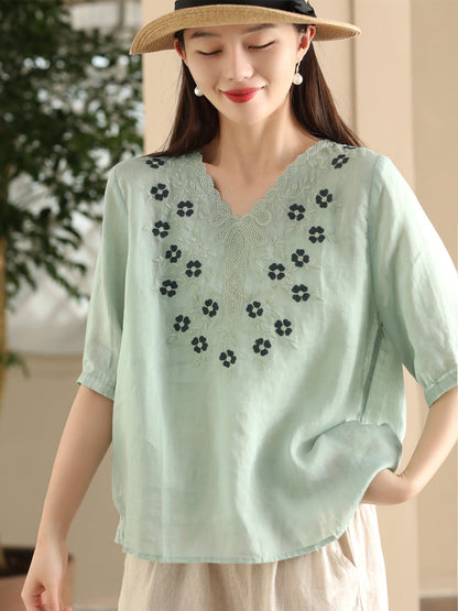 Women Summer Artsy Flower Embroidery Ramie V-Neck Shirt CC030