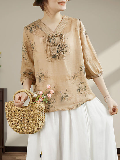 Women Summer Vintage Flower Buckle V-Neck Ramie Shirt HH014