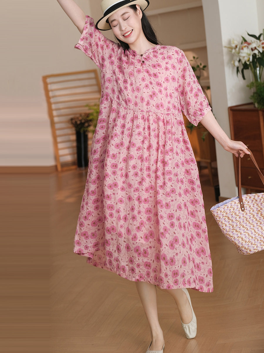 Robe d'été ample en ramie à motif floral pour femme OO1042