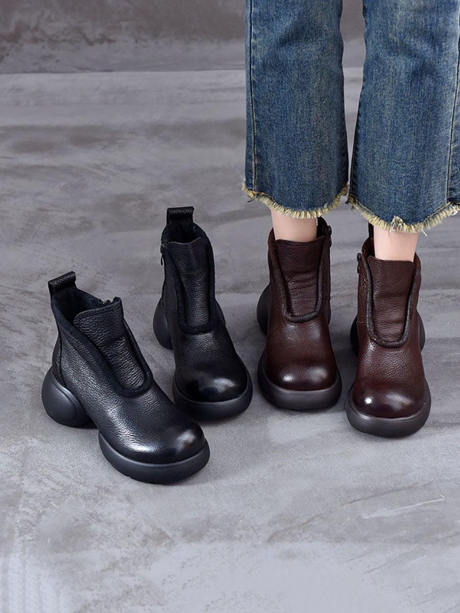 Women Winter Casual Solid Leather Zipper Platform Boots BA1023