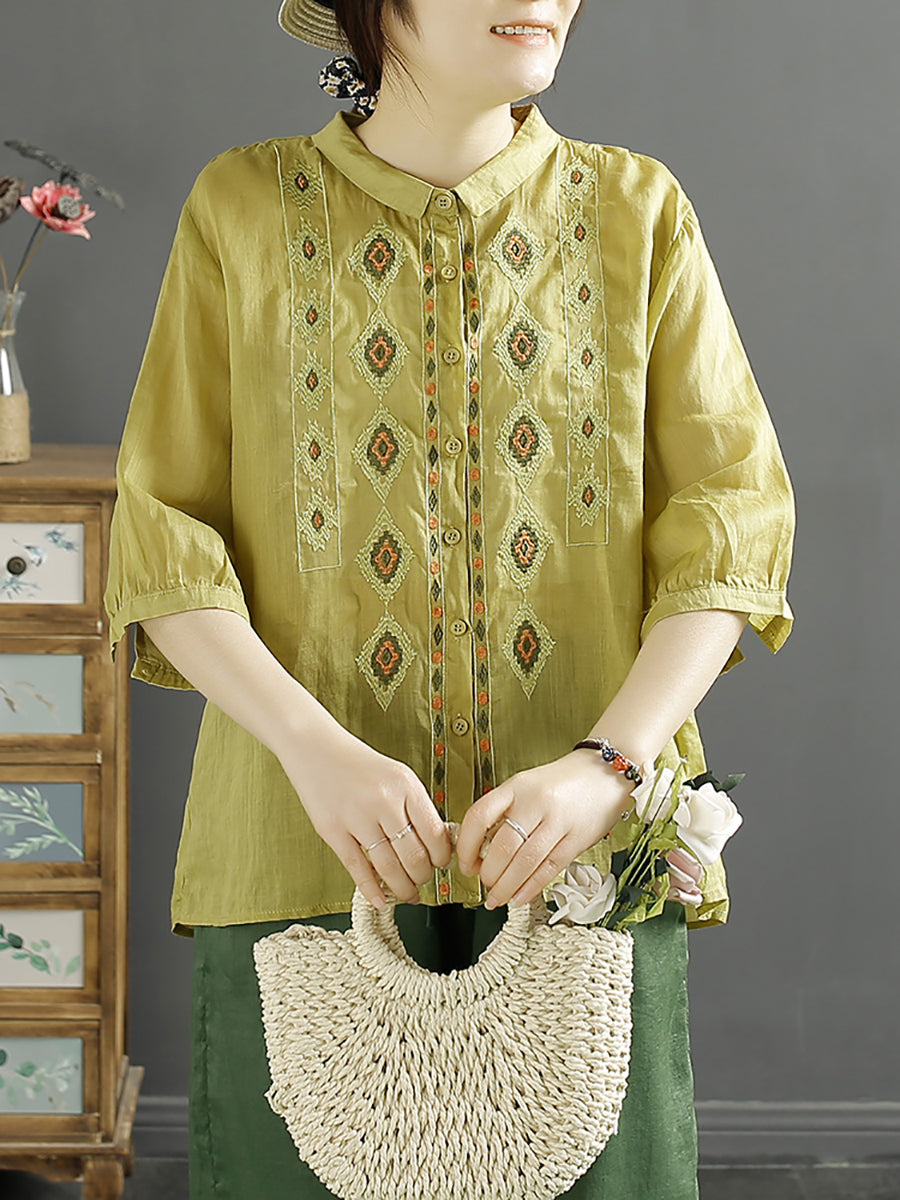 Women Ethnic Rhomboids Embroidery Ramie Button Up Blouse KL1031