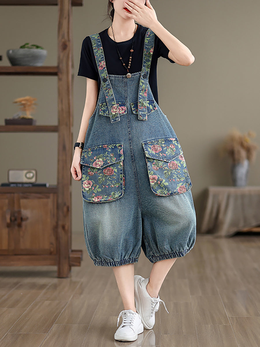 Women Summer Retro Flower Spliced Denim Jumpsuits ZZ1021