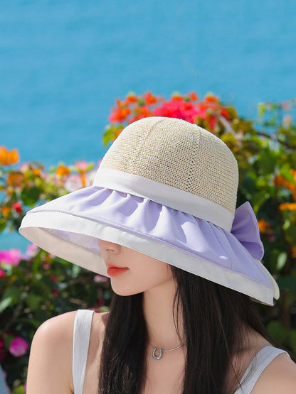 Women Summer Colorblock Large Brim Bowknot Hat WE1003