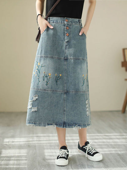 Women Summer Flower Embroidery Frayed Denim Skirt AS1041