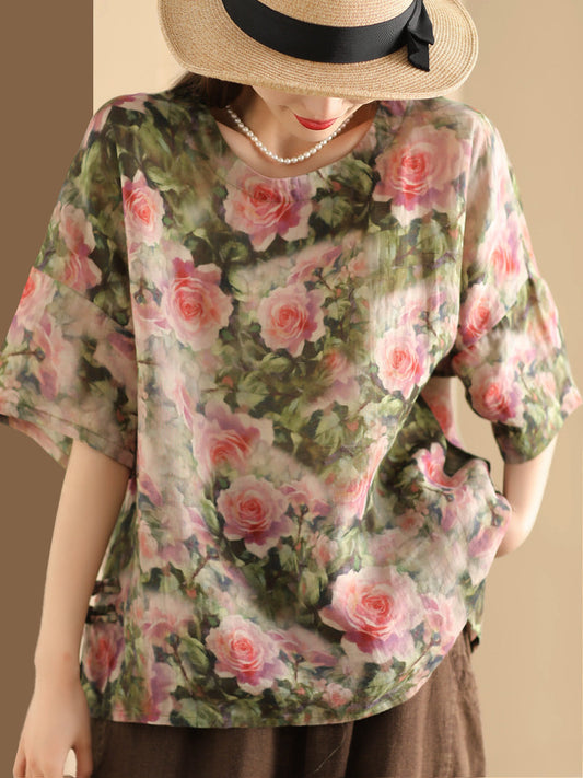 Women Artsy Floral Summer Ramie Pullover Shirt KL1016