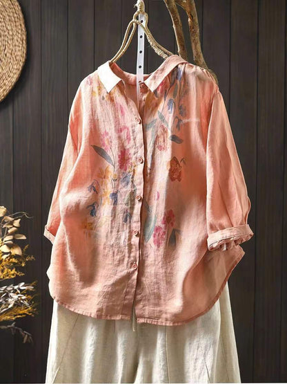 Women Artsy Summer Flower Print Ramie Blouse KL1041