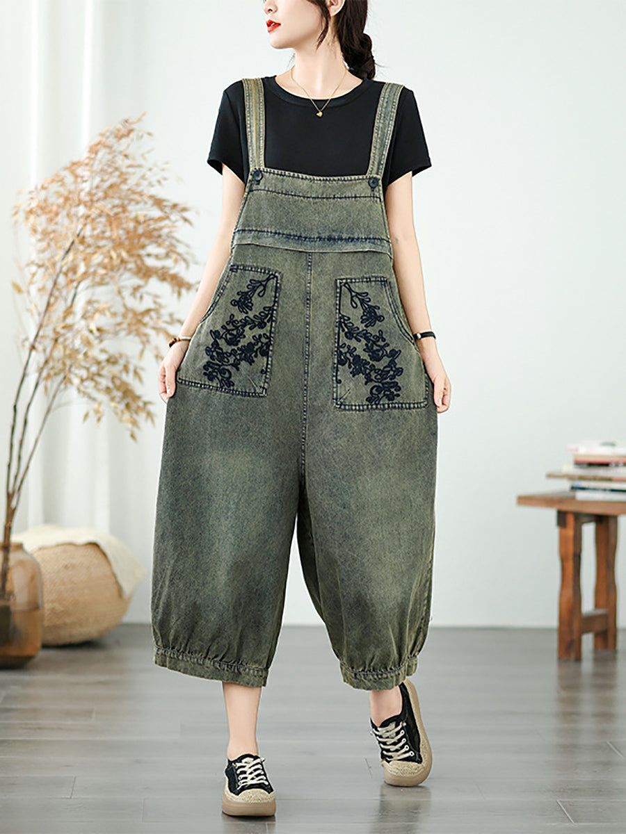 Lange Overalls Frauen Blume Stickerei Denim Sommer