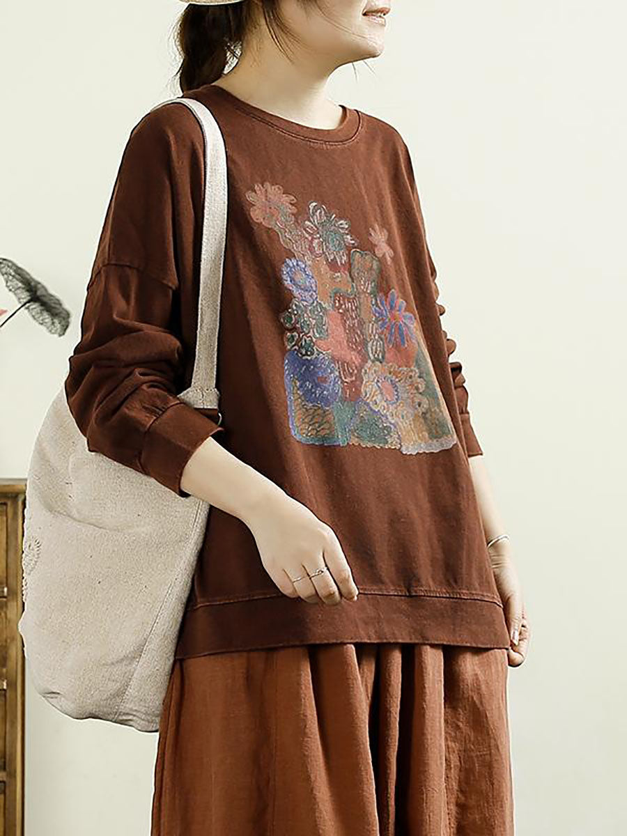 Women Casual Autumn Flower O-Neck Cotton Blouse AT1002