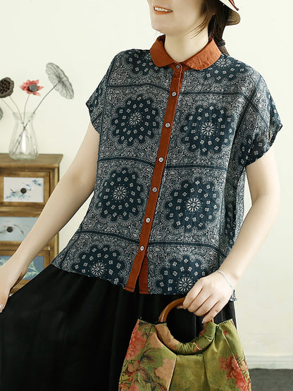 Women Summer Vintage Flower Button-up Ramie Shirt CV1054