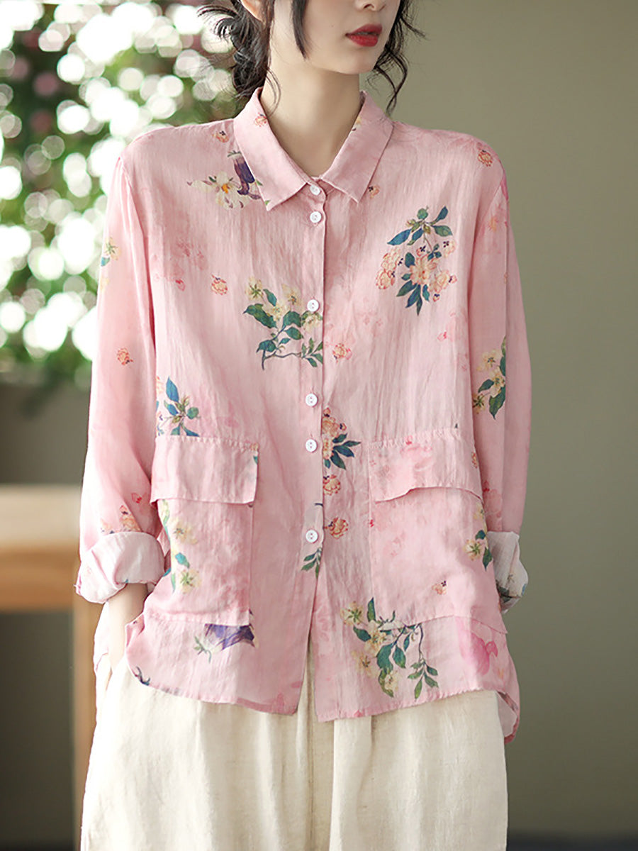 Damen Vintage Floral Frühling Button Up Ramie Bluse AT1089