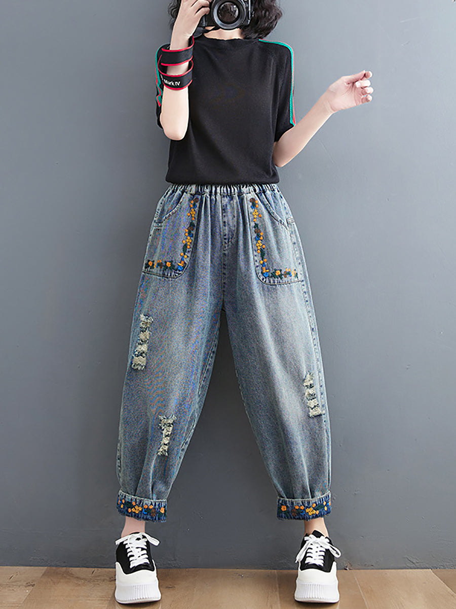 Women Artsy Embroidery Frayed Denim Harem Pants FD006