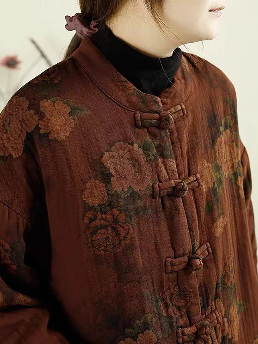 Manteau à col montant en coton avec boucle à fleurs ethniques pour femmes BA1046 