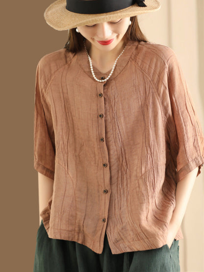 Women Summer Retro Solid Linen Button-up Shirt XX1012