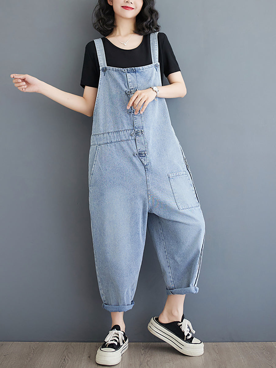 Damen Sommer Casual Solide Denim Geraffte Overalls AT1032 