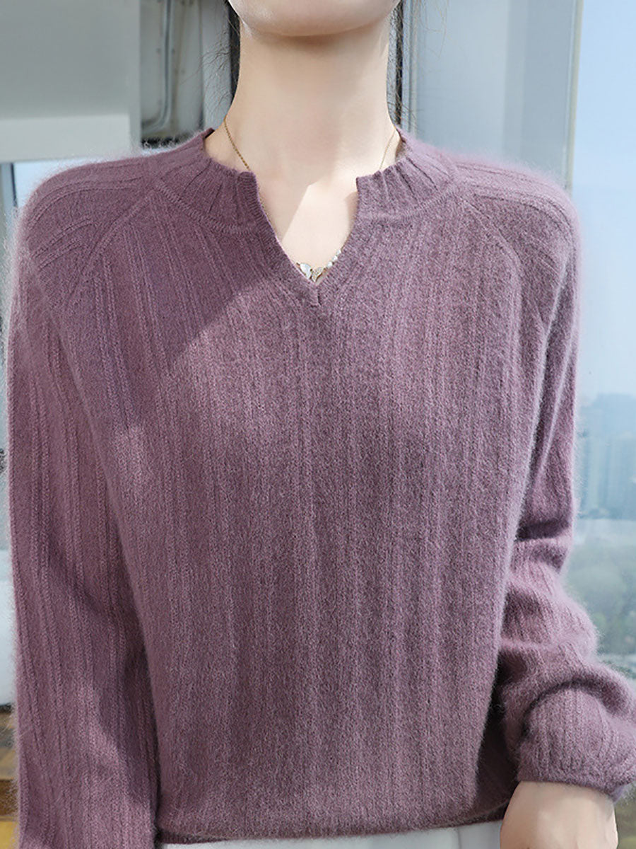 Pull en tricot chaud en laine unie à col en V pour femme AV1013 