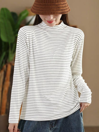 Women Autumn Casual Stripe Half Turtleneck Blouse AI1064