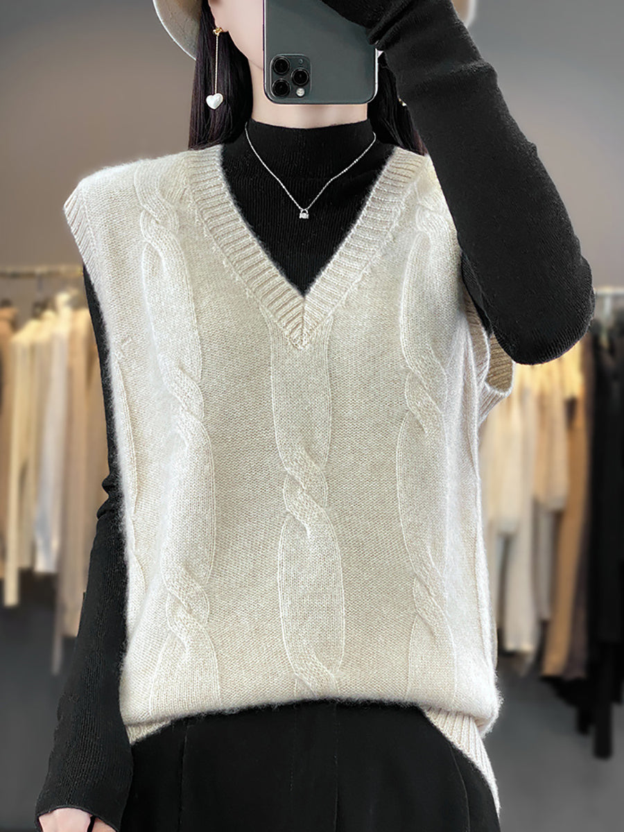 Women Casual Autumn Wool V-Neck Cable Knit Vest QN024