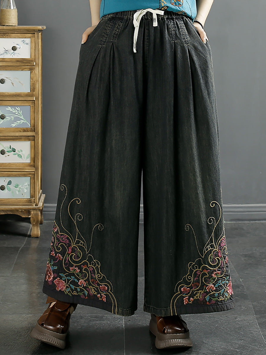 Women Vintage Summer Embroidery Wide-leg Denim Pants CO1050